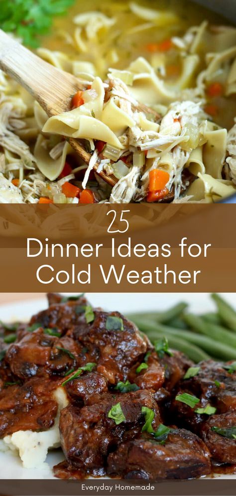 Indulge in 25 cozy dinner ideas for cold weather! These easy and quick recipes are perfect for winter nights, offering comfort foods that warm you up on chilly evenings. From hearty stews to soul-soothing casseroles, discover a variety of comforting dishes to make your winter dinners memorable. Cold Rainy Day Recipes, Cold Rainy Dinner Ideas, Snow Day Comfort Food, Dinner Ideas Cold Weather Comfort Foods, Cold Winter Meals Dinners, Warm Winter Dinner Ideas, Cold Day Recipes Comfort Foods, Winter Dinners Comfort Foods, Quick Cold Weather Dinner Ideas