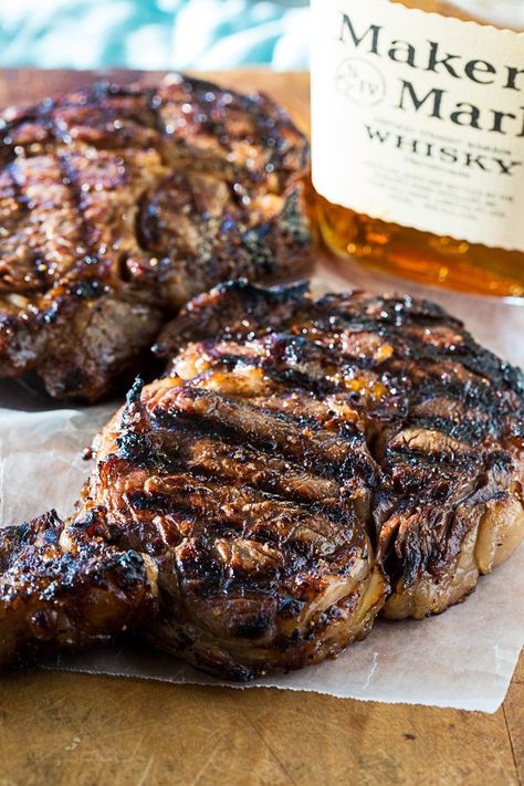 Grilled Bourbon Steaks - Spicy Southern Kitchen Steak Tips Dinner, Bourbon Steak Recipe, Rib Eye Steaks, Boneless Ribeye Steak, Grilling Steak, Bourbon Steak, Steak Dinner Recipes, Spicy Southern Kitchen, Charcoal Grilling