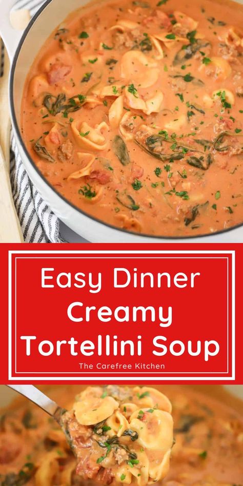 Sausage Tortellini Pasta, Oven Sausage, Tortellini Soup Crockpot, Creamy Sausage Tortellini Soup, Creamy Sausage Tortellini, Pasta And Spinach, Spinach Dinner, Italian Sausage Tortellini Soup, Italian Sausage Tortellini