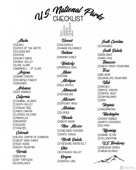 Updated with all 62 National Parks! Do you have a National Parks bucket list? If so, here's your free printable list of National Parks by state so you can check them off one by one.  Whether you're on the west coast and experiencing the beautiful mountains of Glacier National Park or you're in Florida walking past the alligators in Everglades National Park, each individual park has something special about it. #nationalparks #usa #printable #findyourpark Rv Essentials, List Of National Parks, Alaska National Parks, Guadalupe Mountains, Everglades National Park, National Parks Map, National Park Road Trip, Kings Canyon, California National Parks