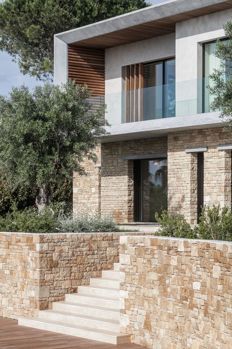 Contemporary Mediterranean, Mediterranean Modern, Casa Exterior, Stone Walls, Modern Architecture House, Mediterranean Homes, Stone Houses, Dream House Exterior, Villa Design