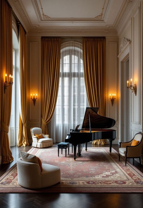 Old Money Living Room Grand Piano Interior Design, Old Money Interior Design Living Room, Grand Piano Decorating Ideas, Baby Grand Piano In Living Room, Musician Living Room, Piano In Living Room, Old Money Homes, Old Money Living Room, Piano Room Design