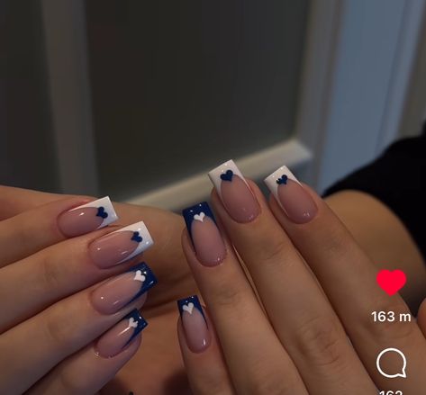 Nails For School Square, Negative Space Nails Square, Cute Dark Blue Nail Ideas, Royal Blue Nails Hoco, Nail Art Designs Navy Blue, Blue Tips Nails Acrylic, Dark Blue Nail Inspo With Design, Dark Blue Almond Nails Design, Navy Blue Homecoming Nails