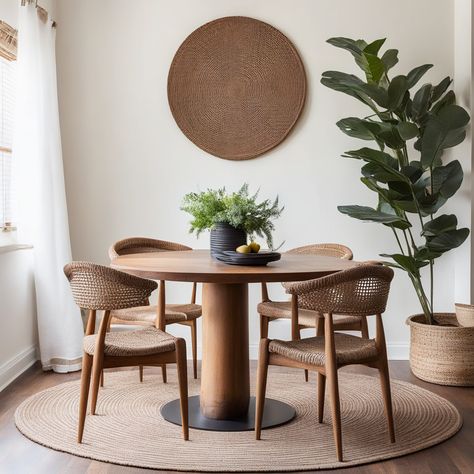 Cozy Dining Room Ideas, Space Vibes, Round Wood Table, Meal Times, Dining Room Spaces, Dining Room Style, Dining Room Interiors, Rustic Dining Room, Neutral Rug