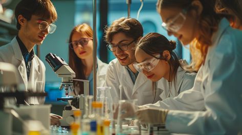 Scientists at work: A team of young scientists engaged in research, conducting experiments in a modern laboratory setup. #laboratory #scientists #research #experiment #teamwork #microscope #lab coats #innovation #aiart #aiphoto #stockcake https://ayr.app/l/vjLS Lab Reference, Microscope Lab, Journalism Job, Lab Experiment, Physics Lab, Physics Experiments, Work Images, Lab Coats, Preschool Learning