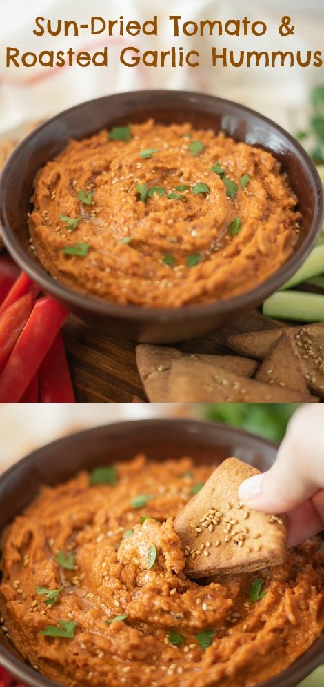 Sun Dried Tomato & Roasted Garlic Hummus gets a flavor and color boost from sun-dried tomatoes, basil and roasted garlic. If you're a hummus fan, you will love this delicious version that is taken to the next level #hummus #sundriedtomato #roastedgarlic Sun Dried Tomato Hummus, Tomato Roasted, Tomato Hummus, Tartiflette Recipe, Hummus Recipes, Roasted Garlic Hummus, Garlic Hummus, Salsa Recipes, Tailgating Recipes