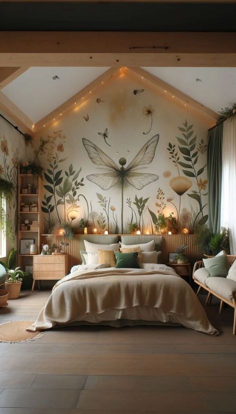 Green Woodland Bedroom, Forest Themed Room Aesthetic, Fairyland Bedroom Ideas, Meadow Themed Bedroom, Enchanted Forest Furniture, Green Fairy Room Aesthetic, Fairy House Inspiration, Dragonfly Room Decor, Elven Core Aesthetic