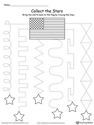 **FREE** Trace the Pattern to Collect the Stars Worksheet. Practice tracing patterns and help your child develop their fine motor skills in this pre-writing patriotic printable worksheet. #4thofjuly #patriotic Patriotic Math, Tracing Patterns, Fourth Of July Crafts For Kids, Sand Bucket, America Theme, Practice Tracing, Patriotic Symbols, Pattern Worksheet, Star Coloring Pages