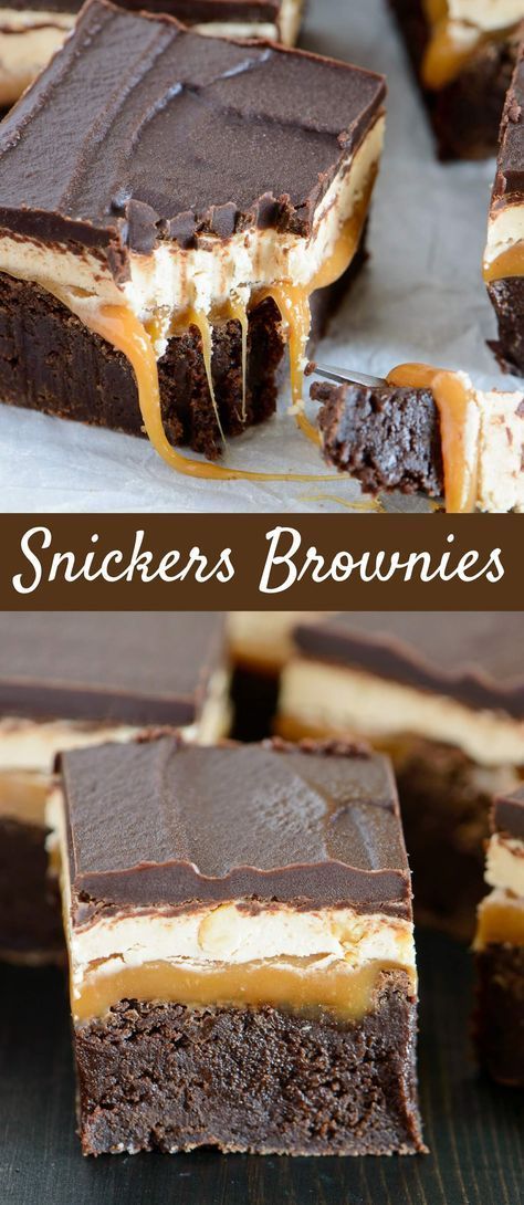 Gourmet Brownies Recipes, Layered Brownies, Snickers Brownies, Snickers Dessert, Gourmet Brownies, Snicker Brownies, Snickers Cheesecake, Cake Brownie, Resep Brownies