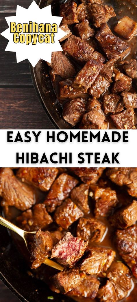 This easy homemade hibachi steak recipe is a Benihana copycat easy recipe that brings your favorite Japanese steakhouses to your own kitchen! Without any fancy equipment, and with a few pantry staple ingredients, it has never been easier to make a “special occasion” meal any day of the week. All you need is a skillet, some delicious steaks, and 25 minutes! Homemade Steak Hibachi, Steak For Hibachi, Steak Teriyaki Recipe, Waba Grill Steak Recipe, Crockpot Hibachi Steak, Asian Food On Blackstone, Easy Staple Dinners, Hibachi Beef Marinade, Hibachi Sauce Recipe Stir Fry