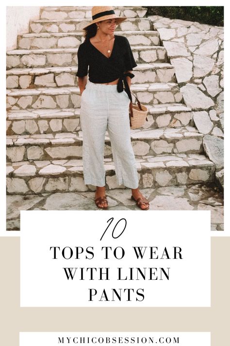 Off White Pants Outfit Summer, Linen Shirt And Pants Outfit, Linen Pants Outfit Italy, Wide Leg Pants Outfit Linen, Linen Pant Summer Outfit, Linen Pants Outfit Office, Tops To Go With Linen Pants, Lenin Pants Outfit Summer, Classic Linen Outfits