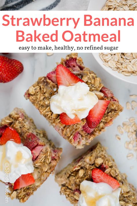 Baked Oatmeal Healthy, No Bake Oatmeal Bars, Banana Baked Oatmeal, Oatmeal Breakfast Bars, Strawberry Breakfast, Slender Kitchen, Strawberry Oatmeal, Frozen Breakfast, Healthy Strawberry