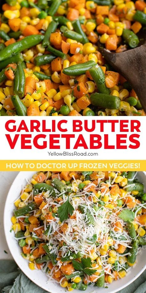 Frozen vegetables are one of the most economical, readily available ways to add more veggies to your diet. These simple tips will teach you how to properly season and cook frozen mixed vegetables for the best tasting sides, and how to add them to all sorts of recipes when fresh isn’t an option. Cooking Frozen Vegetables, Frozen Mixed Vegetable Recipes, Butter Vegetables, Frozen Vegetable Recipes, Mix Vegetable Recipe, Buttered Vegetables, Vegetable Side Dishes Recipes, Side Dish Recipes Easy, Frozen Veggies