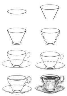 How To Draw A Tea Cup, Tea Cup Drawing, Basic Sketching, Fancy Tea, Pencil Drawings For Beginners, Sketching Tips, Art Basics, Object Drawing, 카드 디자인