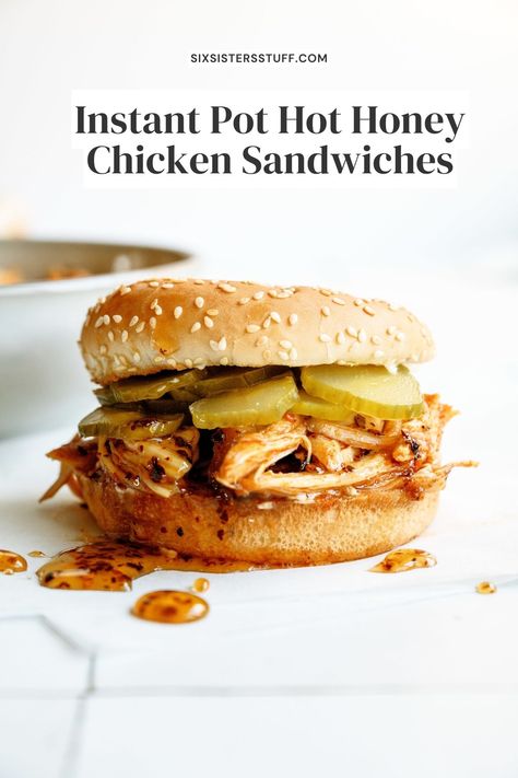 Instant Pot Hot Honey Chicken Sandwiches Hot Pot Chicken Recipes, Hot Honey Chicken Instant Pot, Instant Pot Sandwich Recipes, Slow Cooker Hot Honey Chicken Sandwiches, Hot Honey Chicken Sandwich Recipe, Hot Honey Ideas, Hot Honey Chicken Sandwich, Hot Honey Chicken, Honey Chicken Recipe