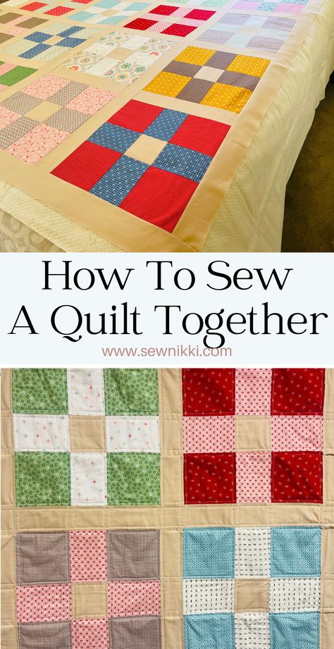 How To Sew Quilt Blocks Together, How To Sew A Quilt Together, How To Piece Together A Quilt, Top Stitching Ideas For Quilts, How To Assemble A Quilt, Beginning Quilting Tutorials, How To Back A Quilt, Quilt Sandwich Tutorial, How To Quilt With Sewing Machine