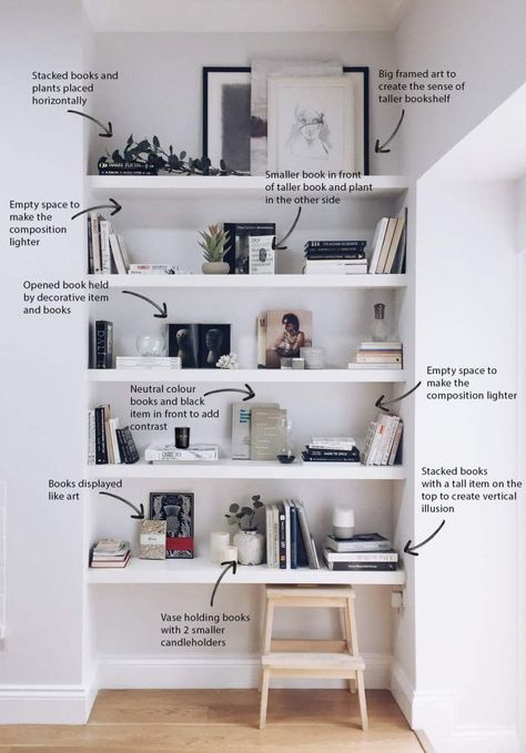 How to decorate your shelves: the minimal style - The White Interior Study Room Decor With Book Shelf, Decorate White Bookcase, White Room Shelves, Decorate White Shelves, Shelf Organization Ideas Living Room, Bedroom Bookcase Decor, Minimal Library Room, Alcove Shelf Decor, How To Style Floating Shelves Office