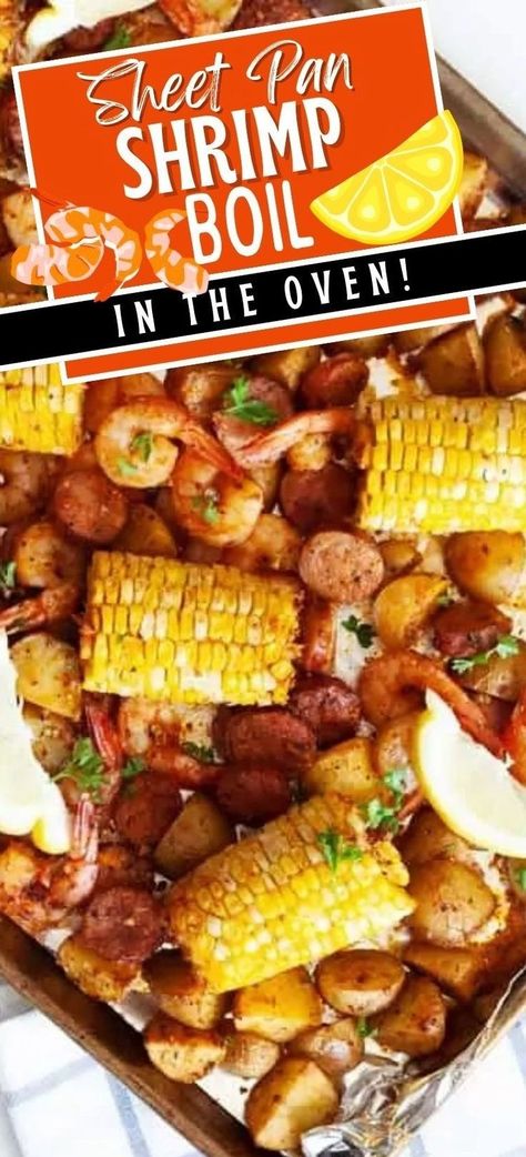 Enjoy the flavors of a classic shrimp boil with this Sheet Pan Shrimp Boil recipe, perfect for any day of the week. This one-pan meal combines shrimp, savory sausage, hearty potatoes, and sweet corn, all roasted to perfection in the oven. It's a delicious dinner that has minimal cleanup made all on one pan! Perfect for a family-friendly feast, this dish brings the joy and taste of a traditional low country boil to your dinner table! Low Country Boil In The Oven, Shrimp Boil In Oven Foil Pan, Sheet Pan Low Country Boil, Oven Low Country Boil, Sausage And Shrimp Recipes, Shrimp Boil In Oven, Easy Shrimp Boil, Low Country Boil Recipe, Sheet Pan Shrimp Boil