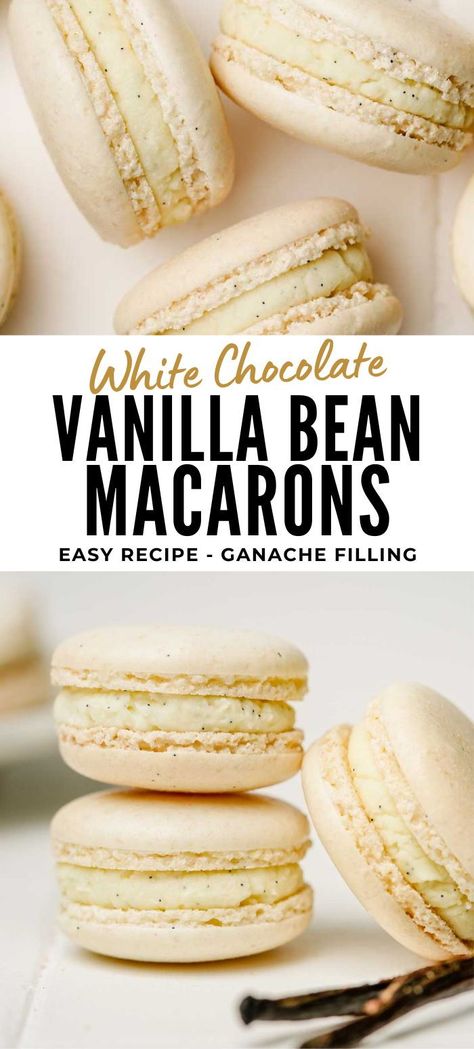 Savor the sheer perfection of these vanilla macarons with this easy-to-follow Italian macaron recipe. These delicate delights are infused with the natural essence of vanilla bean, and to elevate the experience, they are generously filled with a luxuriously creamy white chocolate ganache. This is the ultimate recipe for a truly delightful and unforgettable treat that will leave your taste buds craving for more! Vanilla Macaron Recipe, Vanilla Macaron Recipes, Vanilla Bean Macarons, French Macaroon Recipes, French Buttercream, Vanilla Macarons, Macarons Recipe, Macaron Filling, Macaron Flavors