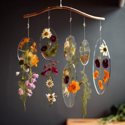 flower mobile Flower Crafts Adults, Craft With Dried Flowers, Nature Mobile Diy, Dried Flower Suncatchers Diy, Crafts With Transparency Sheets, Pressed Flower Ideas Crafts, Nature Diy Projects, Dried Flower Mobile, Pressed Flower Crafts Projects