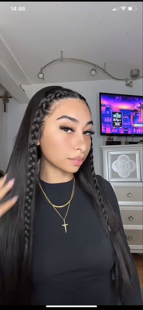 Hair Down With 2 Braids, Straight Hairstyles Braids Half Up, Braids Hairstyles Hair Down, Hairstyles French Braid Half Up, Braid In Straight Hair, Straight Hair With 2 Braids On The Side, Two Braids With Straight Hair, Baddie Hairstyles Straight Long, French Braids With Hair Down