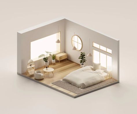 3d View Of House Interior, Interior Isometric View, Interior Design 3d Render, Maquette Interior Design, 3d Room Design Interiors, Blender Interior Design, Minimal Room Bedroom, Interior Rendering Architecture, Bedroom Isometric