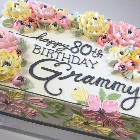 Happy 80th Birthday Grammy! #whiteflowercakeshoppe Retirement Party Cakes, Birthday Sheet Cake, White Flower Cake, White Flower Cake Shoppe, 90th Birthday Cakes, Sheet Cake Designs, Cake Lettering, 80 Birthday Cake, Birthday Sheet Cakes