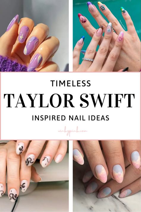 13 TIMELESS TAYLOR SWIFT INSPIRED NAIL DESIGNS | Nail trends, nail ideas, and nail inspo | Viral Nails | Swiftie | Eras Tour Nail Ideas For Eras Tour, Almond Nails Taylor Swift, 1989 Nails Design Taylor Swift, Eras Tour French Tip Nails, The Eras Tour Nails Including Ttpd, Nail Art Taylor Swift Eras Tour, Taylor Swift Dip Nails, Broadway Nails Designs, 1989 Era Nails