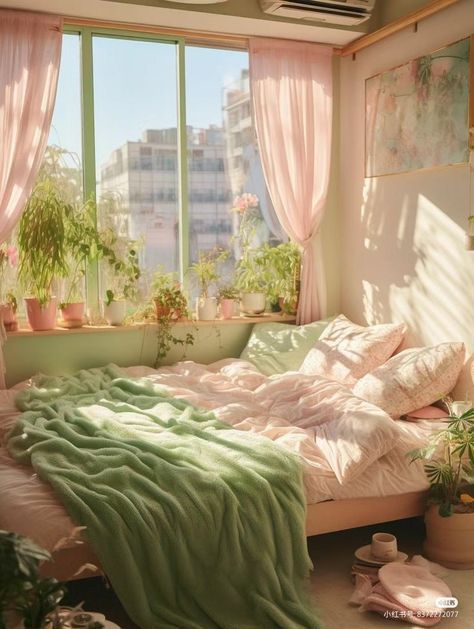 Single Bedroom Apartment Ideas, Pink And Green Pastel Bedroom, Colorful Bedroom With Plants, Pink Room With Green Accents, Cozy Pink And Green Bedroom, Japanese Room Aesthetic Kawaii, Pink Green White Aesthetic Bedroom, Bedroom Decor Green And Pink, Pink Green Aesthetic Bedroom