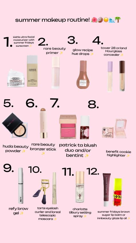 Makeup Routine In Order, Makeup Products For School Air, Makeup To Take On Vacation, Summer Vacation Makeup, Vacation Makeup Essentials, Best Summer Makeup Products, Summer Make Up Products, Summer Makeup Must Haves, Summer Makeup Essentials