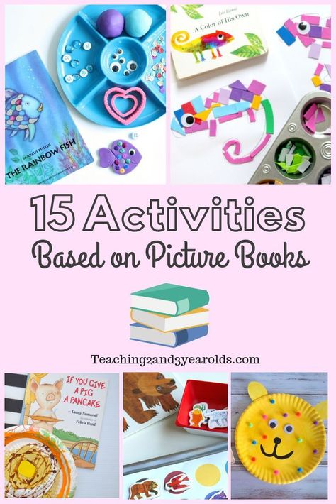 These 15 activities based on picture books go great with your kids' favorite stories. Great hands-on activities that help to further explore the books! #earlyliteracy #literacy #picturebooks #preschool #preschoolactivities #art #AGE3 #AGE4 #teaching2and3yearolds Books And Crafts, Preschoolers Activities, Book Themed Activities, Picture Book Activities, Childrens Books Activities, Literature Activities, Library Activities, Story Activities, Preschool Literacy