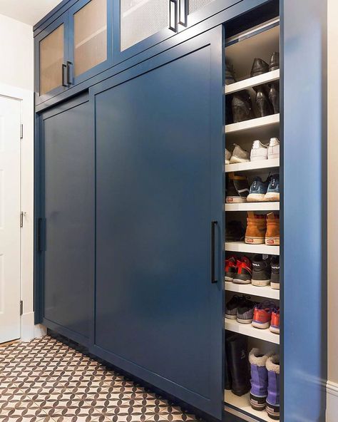 Sliding Mudroom Doors, Mudroom Storage Cabinet, Doors For Small Spaces, Garage Shoe Storage, Shoe Cabinet Design, Mudroom Remodel, Mudroom Storage, Floor To Ceiling Cabinets, Mudroom Cabinets