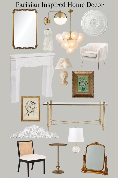 Add a touch of Parisian elegance to your home with this beautiful decor! This stylish look features gold accents throughout, such as a side table, wall hangings, a gold mirror, a chandelier, and a sconce. Bring the feel of the City of Love right into your home with this Parisian-inspired take on interior decor. Neutral Art Deco Living Room, French Parisian Living Room, Baroque Decor Modern, Modern French Bedroom Decor, Parisian Modern Bedroom, Modern Romantic Decor, Modern Parisian Living Room, Parisian Chic Interior Design, Modern Parisian Interior