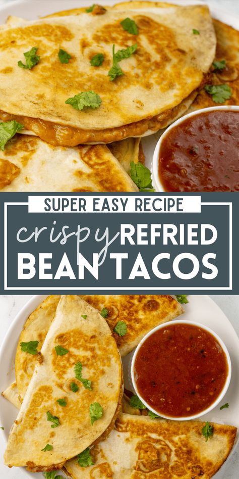 These Crispy Refried Bean Tacos are loaded with melty cheese and refried beans. You need just 5 simple ingredient to make this easy weeknight dinner. Serve this easy Mexican recipe with guacamole, salas, and sour cream, for a dinner the whole family will love! Recipes With Refried Beans, Refried Bean Tacos, Refried Bean, Homemade Refried Beans, Refried Beans Recipe, Guacamole Salsa, Vegetarian Mexican, Super Easy Dinner, Mexican Recipe