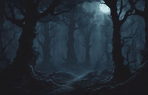 Dark Forest Background Illustration, Dark Fantasy Background Landscape, Creepy Fantasy Forest, Scary Forest Art, Dark Fantasy Environment Concept Art, Spooky Forest Illustration, Spooky Forest Art, Scary Forest Background, Strahd Aesthetic