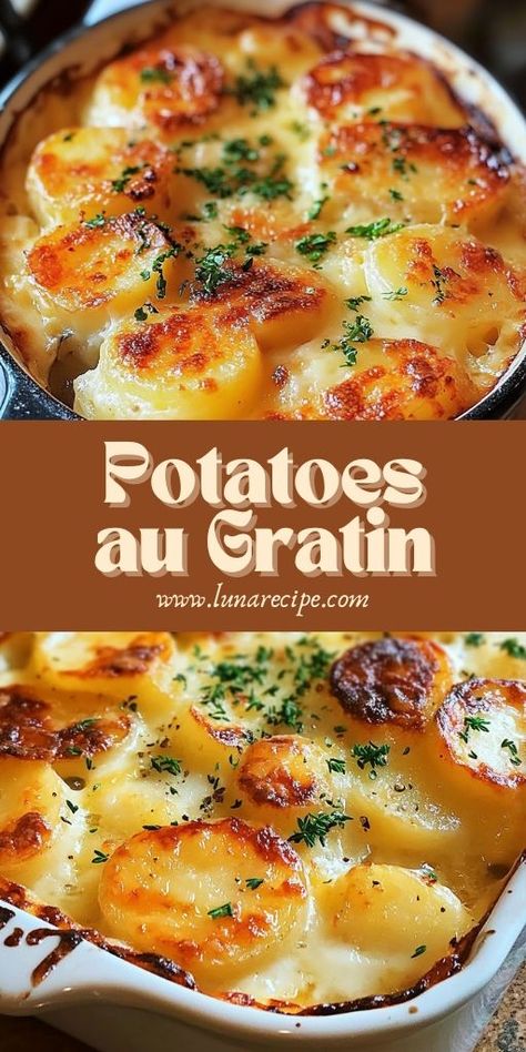 Potatoes au Gratin is sure to be a crowd-pleaser, bringing warmth and flavor to your table! 🥔🧀 Layers of thinly sliced potatoes baked with creamy cheese and a golden crust make this dish perfect for holiday meals, potlucks, or cozy family dinners. It’s rich, savory, and always a hit!  📌 Save this pin to serve cheesy, comforting Potatoes au Gratin for your next gathering! #PotatoesAuGratin #ComfortFood #HolidayRecipes #CheesyGoodness #EasySideDishes #FamilyFavorites Au Gratin Potatoes Baked, How To Make Au Gratin Potatoes, Easy Family Side Dishes, Simple Au Gratin Potatoes, Au Potatoes Gratin, Any Gratin Potatoes, Healthy Au Gratin Potatoes, Dinner With Golden Potatoes, Mandolin Sliced Potatoes