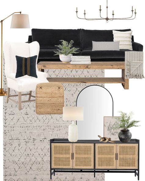 Living Room Mood Boards with Black, White and Wood Tones - Dear Lillie Studio Black Sofa Living Room Decor, Black Couch Living Room, Black Sofa Living Room, Black And White Living Room, Dear Lillie, Black Living Room, Brown Living Room, Decor Home Living Room, Living Room Decor Apartment