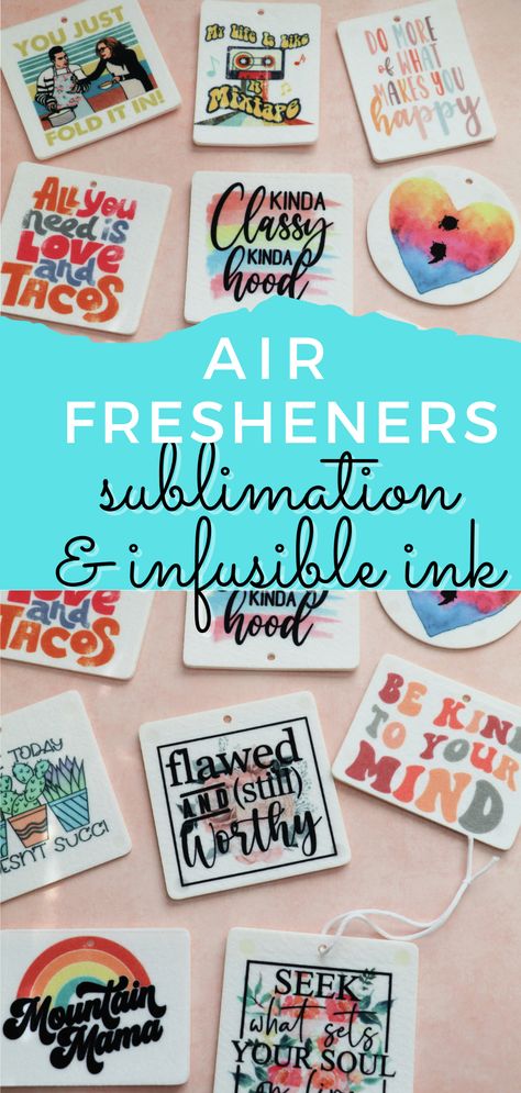 Diy Sublimation Air Freshener, Diy Sublimation Car Air Freshener, Homemade Air Freshener For Car, Diy Car Air Freshener Cricut, Sublimination Air Fresheners, How To Make Air Fresheners, Sublimated Car Air Fresheners, Cricut Air Freshener, Car Freshies Sublimation