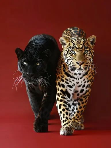 ↑↑↑ Larger size on website 🔸 A black panther and a leopard walk side by side on a red background. The black panther has white whi 🔸 From Midjourney AI Image Black Panther And Leopard, Leopard And Panther, The Black Panther, Leopards, Side By Side, Red Background, Black Panther, Big Cats, Panther