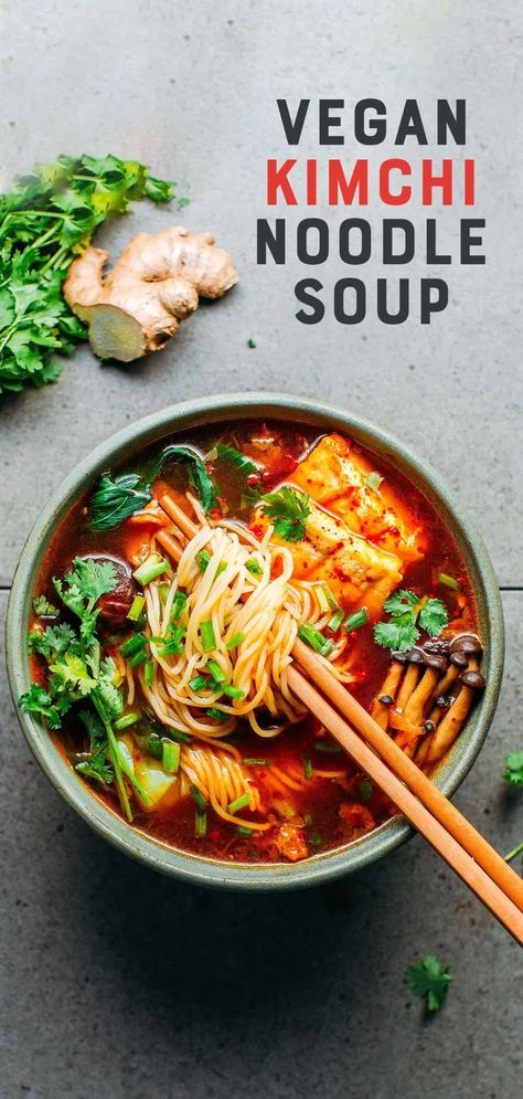 Recipes With Kimchi, Kimchi Noodle Soup, Kimchi Soup, Exercises For Pregnant Women, Kimchi Noodles, Pak Choy, Noodle Soups, Vegan Kimchi, Vegan Asian