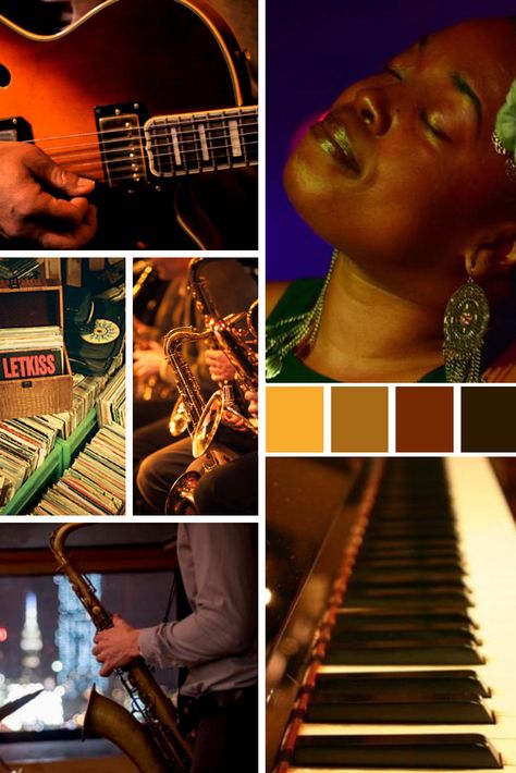 Jazz Mood Board Jazz Colour Palette, Jazz Color Palette, Jazz Moodboard, Jazz Lifestyle, Jazz Theme, Jazz Decor, Jazz Aesthetic, Jazz Colors, Branding Mood Board Inspiration