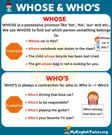 WHOSE vs WHO'S: What's the Difference Between Them? - My English Tutors Whose Worksheet, Punctuation Tips, Improve English Writing, English Homework, English Conversation Learning, School Daze, Learn English Grammar, English Fun, English Teaching