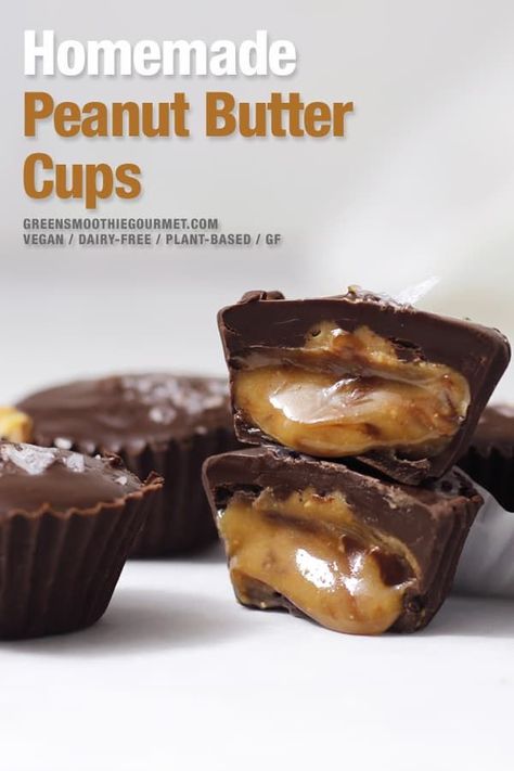 Golden Homemade Peanut Butter Cups. Unusual homemade peanut butter cups filled with a golden peanut butter filling more like peanut butter truffles or caramel macchiato cups. This golden peanut butter cream center is simple to make and contains healthy whole ingredients. Poured into a snappy chocolate cup, this recipe is easy, no bake, dairy-free, vegan and energizing. #lowcarb #peanutbuttercups #chocolatecups #vegan #dairyfreepeanutbuttercups Rolo Candy, Peanut Butter Cream, Mini Cupcake Pan, Healthy Chocolate Recipes, Homemade Peanut Butter Cups, Peanut Butter Truffles, Keto Vegan, Healthy Vegan Desserts, Chocolate Peanut Butter Cups