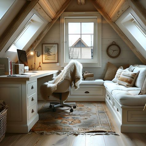 Home Office Ideas Attic, Tiny Office With Window, Angled Ceiling Craft Room, Loft Spaces Upstairs Office, Attic Lounge Room, Attic Hang Out Space, Attic Homeschool Room, Attic Art Room, Cozy Attic Office