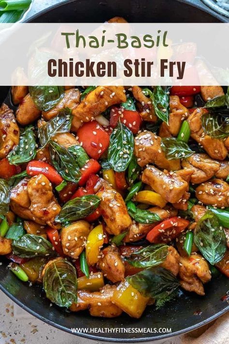 Basil Recipes Healthy, Newlywed Meals, Chicken Honey Garlic, Thai Basil Chicken Recipe, Thai Basil Recipes, Garlic Basil Chicken, Basil Chicken Recipe, Easy Beef Stir Fry, Chicken Recipe Healthy