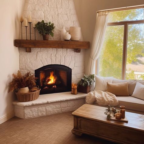 Fireplace Design Corner, How To Decorate With A Corner Fireplace, Corner Fireplace Sitting Area, Tv Corner Fireplace, Corner Fireplace With Bench, Corner Fireplace Barndominium, Cozy Basement With Fireplace, Farmhouse Fireplace Corner, Indoor Corner Fireplace