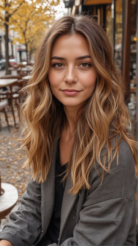 Balayage Hair Natural Brown, Hair Color Inspo Medium Length, Caramel Hair On Brown Hair, Bronde Balayage Caramel, Cool Hair For Women, Bronde Balayage With Copper Tones, Long Autumn Hair, Auburn Honey Hair, Soft Autumn Hair Balayage