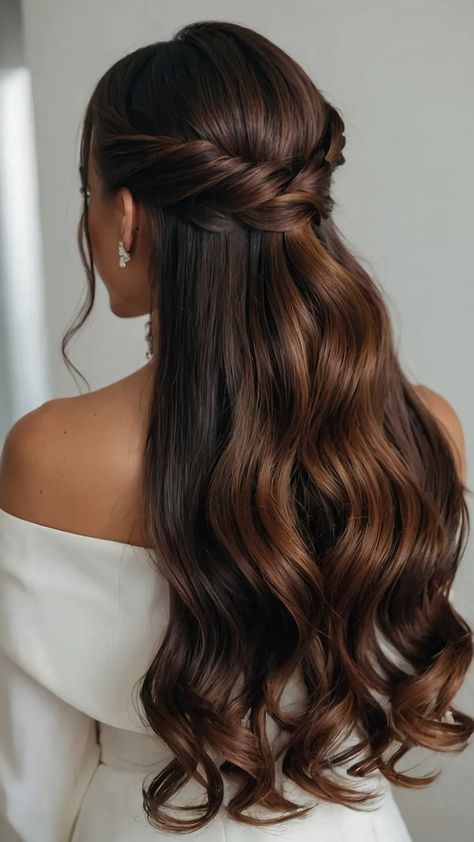 15 Elegant Half Up Half Down Wedding Hairstyles for Every Bride - Fads Open Hair Party Hairstyles, Prom Hairstyles For Long Layered Hair, Layered Hair Wedding Styles, Open Hairstyles For Big Forehead, Bridal Hair Pulled Back, Different Wedding Hairstyles, Extra Long Wedding Hair, Hair For Prom Long, Curled Hairstyles Wedding