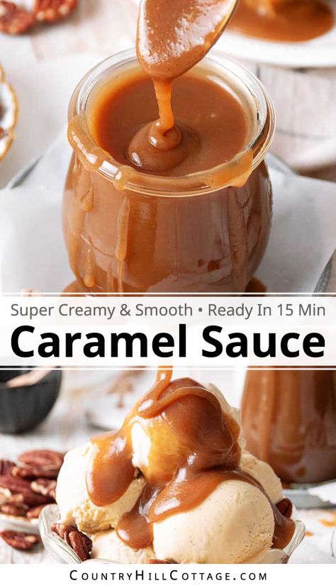 This easy evaporated milk caramel sauce requires only 6 ingredients and is ready in 15 minutes. It’s a delicious topping for just about any dessert. From ice cream sundaes to cheesecake, brownies, pie, and cake, you’ll want to spoon homemade salted caramel sauce over everything! This evaporated milk caramel sauce has an addicting, rich flavor and a smooth, thick texture. If you find homemade caramel sauce intimidating, this simple recipe will change your mind. | CountryHillCottage.com Holiday Desserts Cookies, Caramel Sauces, Vegan Holiday Desserts, Holiday Desserts Thanksgiving, Homemade Caramel Recipes, Salted Carmel, Easy Caramel, Easy Holiday Desserts, Caramel Recipes Sauce