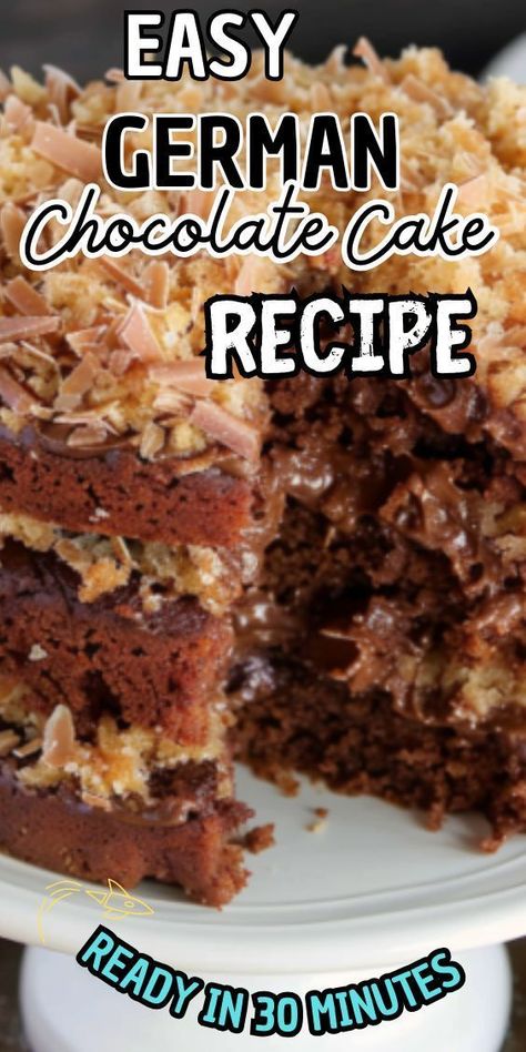 Easy German Chocolate Cake recipe. This timeless classic combines rich chocolate cake layers with a luscious coconut-pecan frosting for a dessert that's as elegant as it is delicious. Whether it's for a special celebration or a simple weeknight treat, this cake is sure to delight German Chocolate Cake Decorated, Easy German Chocolate Cake, German Chocolate Cake Frosting, Chocolate Cake Layers, Homemade German Chocolate Cake, German Chocolate Cake Recipe, German Chocolate Cake Mix, Coconut Pecan Frosting, Cake Layers